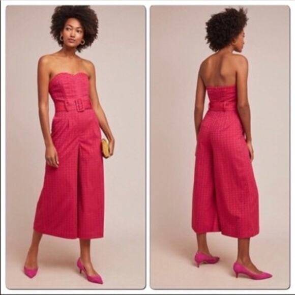 Ett Twa Anthropologie Haley Strapless Jumpsuit Pink Jacquard Crop Wide Leg - Picture 1 of 5
